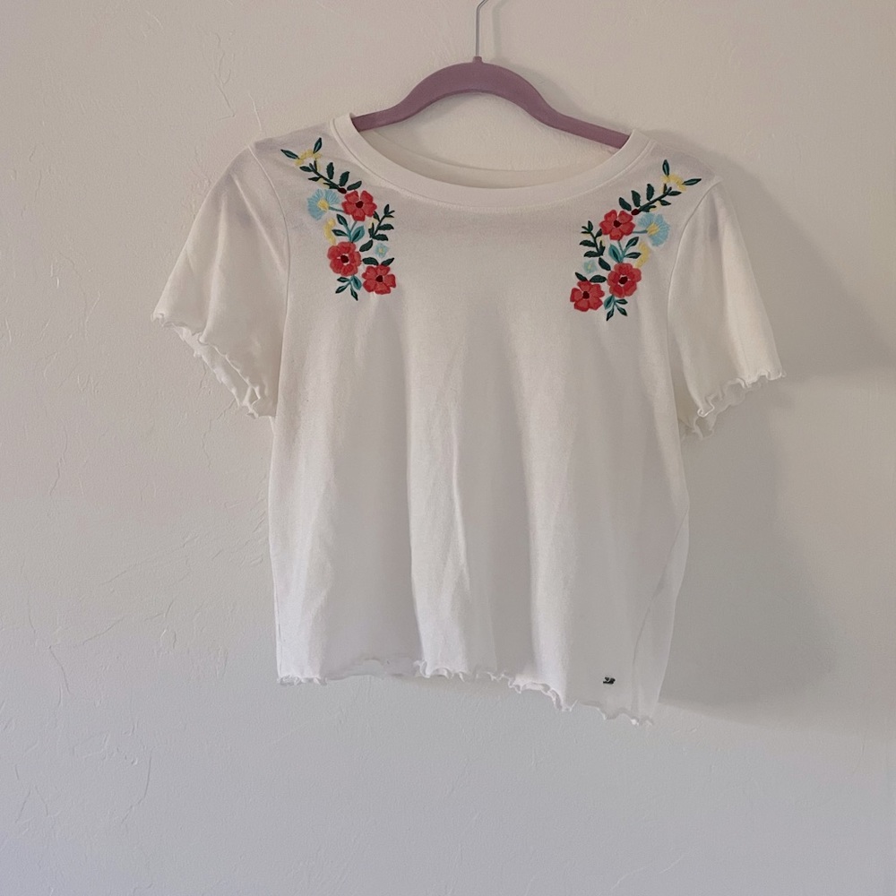 Hollister floral embroidered white crop top
